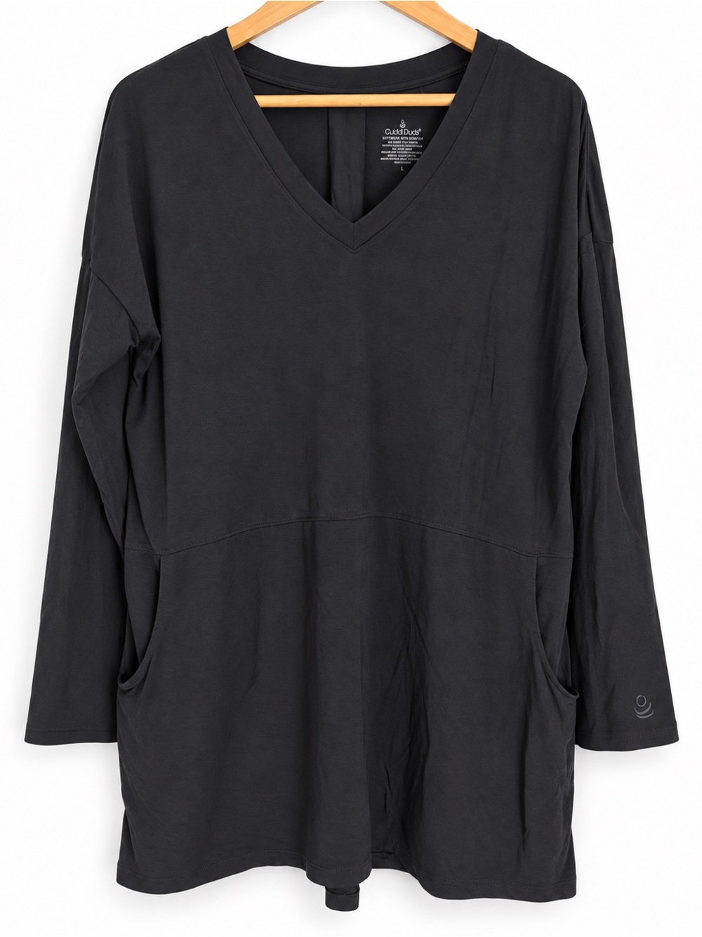 Cuddl Duds Softwear Large Stretch Tunic Shirt Black Long Sleeve Pockets comfy